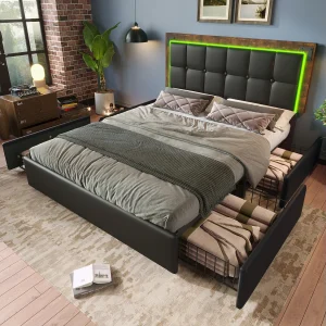 It Gepolsterd Tweepersoons Met Bande LED En 4 Lades, Tête Réglable, PU Zwart, 140×200, Bed Functioneel (met Matras)