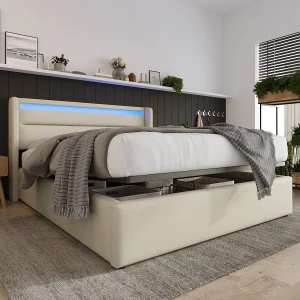 Hydraulisch Opbergbed Met Bande LED, Gepolsterd Tweepersoonsbed 160×200 Cm, Bed Functioneel En Similicuir Wit Met Matras Hydraulisch Opbergbed Met Bande LED, Gepolsterd Tweepersoonsbed 160×200 Cm, Bed Functioneel En Similicuir Wit Met Matras