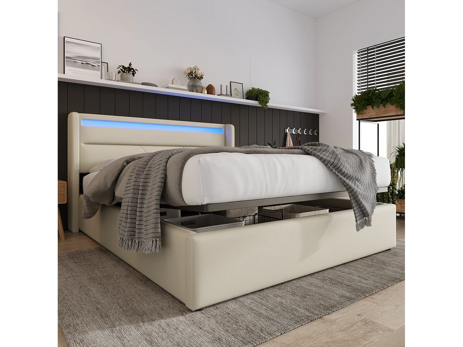 Hydraulisch Opbergbed Met Bande LED, Gepolsterd Tweepersoonsbed 160x200 Cm, Bed Functioneel En Similicuir Wit Met Matras