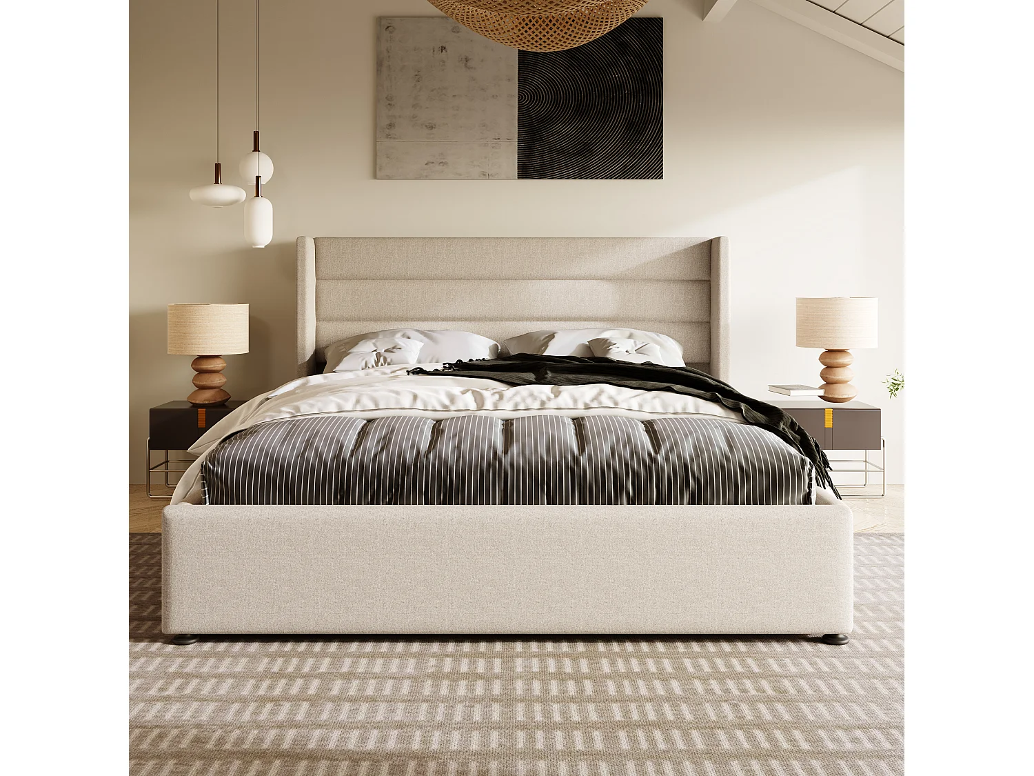 Hydraulisch Opbergbed Tweepersoons 160x200 Cm, Metaalframe Met Lattenbodem En Houten Lattenbodem, Linnen Beige, Met Matras Inbegrepen