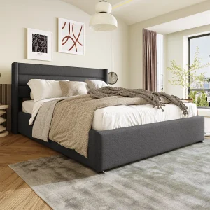 Hydraulisch Opbergbed Tweepersoons 160×200 Cm, Metaalframe Met Lattenbodem En Houten Lattenbodem, Linnen Grijs, Met Matras Inbegrepen Hydraulisch Opbergbed Tweepersoons 160×200 Cm, Metaalframe Met Lattenbodem En Houten Lattenbodem, Linnen Grijs, Met Matras Inbegrepen