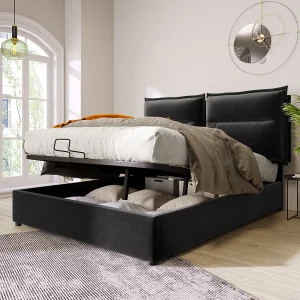 Hydraulisch Gepolsterd Bed Tweepersoons 140×200 Cm, Instelbaar Hoofdeinde, Metaalframe Met Lattenbodem, Opbergruimte, Velours Zwart, Zonder Matras