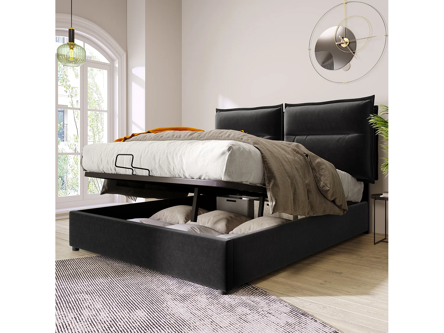 Hydraulisch Gepolsterd Bed Tweepersoons 140x200 Cm, Instelbaar Hoofdeinde, Metaalframe Met Lattenbodem, Opbergruimte, Velours Zwart, Zonder Matras