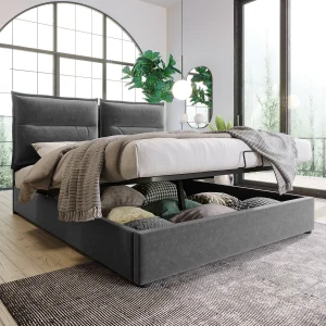 Hydraulisch Gepolsterd Bed Tweepersoons 140×200 Cm, Instelbaar Hoofdeinde, Metaalframe Met Lattenbodem, Opbergruimte, Velours Grijs, Met Matras