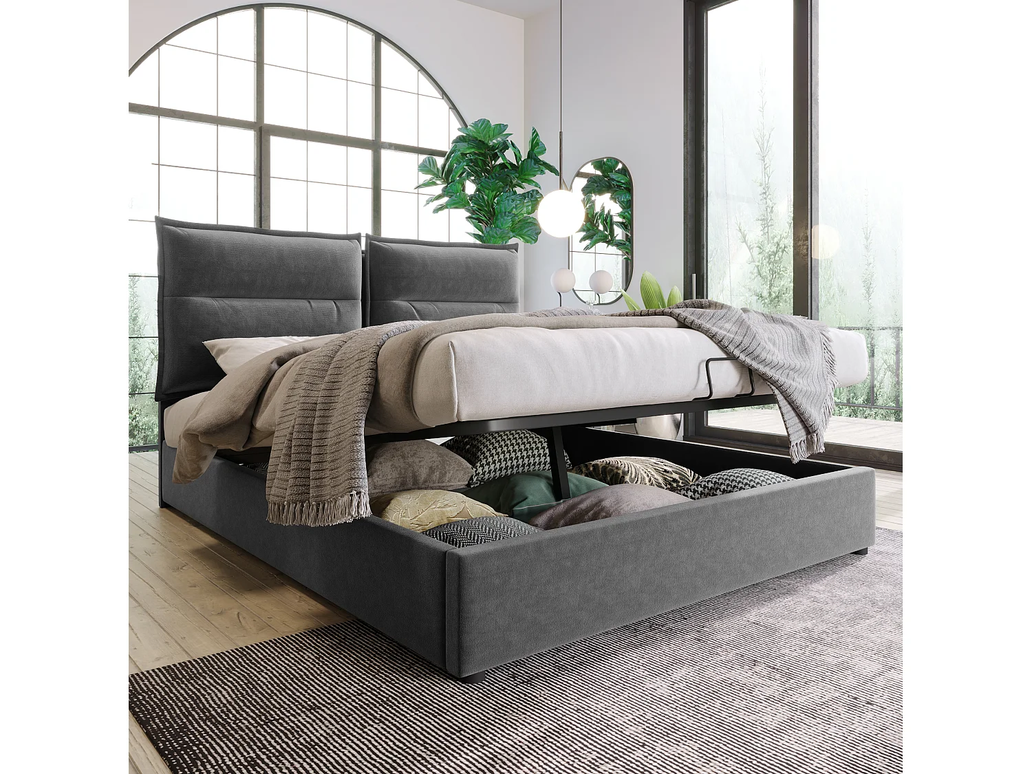 Hydraulisch Gepolsterd Bed Tweepersoons 140x200 Cm, Instelbaar Hoofdeinde, Metaalframe Met Lattenbodem, Opbergruimte, Velours Grijs, Met Matras