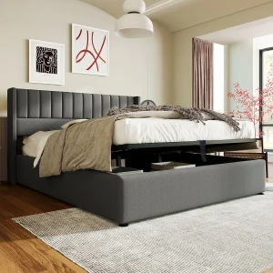 Hydraulisch Opbergbed Tweepersoons 140×200 Cm, Metaalframe Met Lattenbodem En Houten Lattenbodem, Linnen Grijs, Met Matras Hydraulisch Opbergbed Tweepersoons 140×200 Cm, Metaalframe Met Lattenbodem En Houten Lattenbodem, Linnen Grijs, Met Matras
