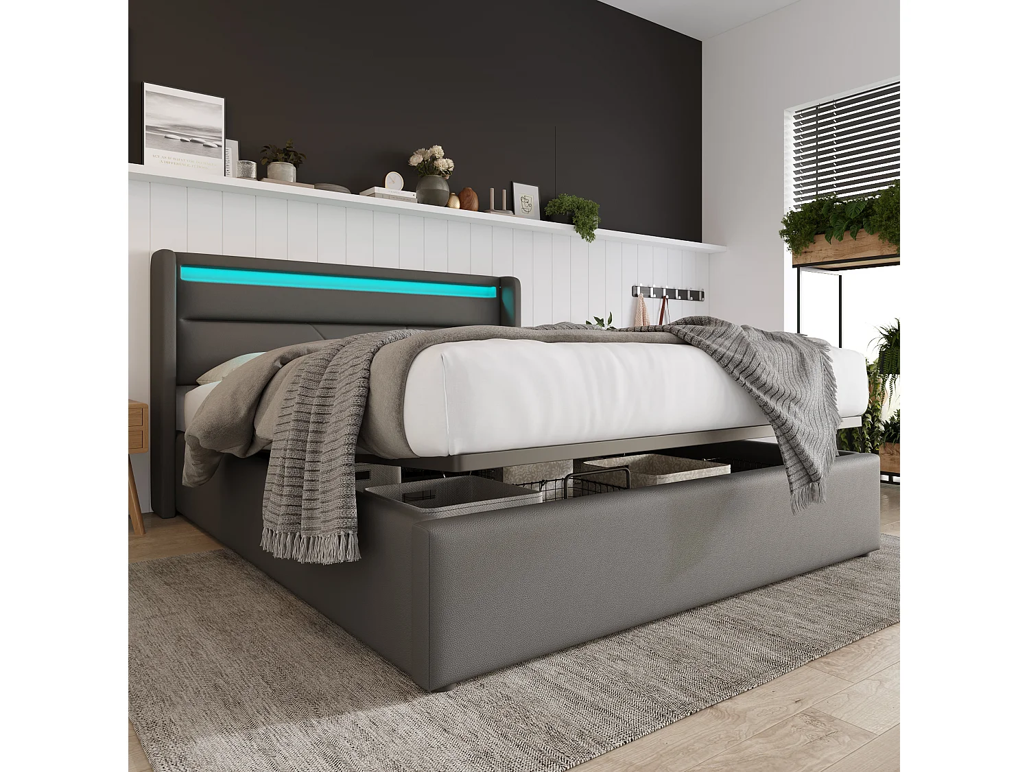 Hydraulisch Opbergbed Met Led-verlichting, Gepolsterd Tweepersoonsbed 160x200 Cm, Bed Functioneel En Stof Grijs Met Matras