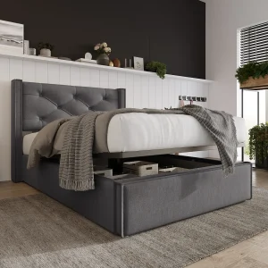 Hydraulisch Gepolsterd Bed Eenpersoons 90×200 Cm, Metaalframe Met Lattenbodem, Opbergruimte, Katoen Grijs, Met Matras