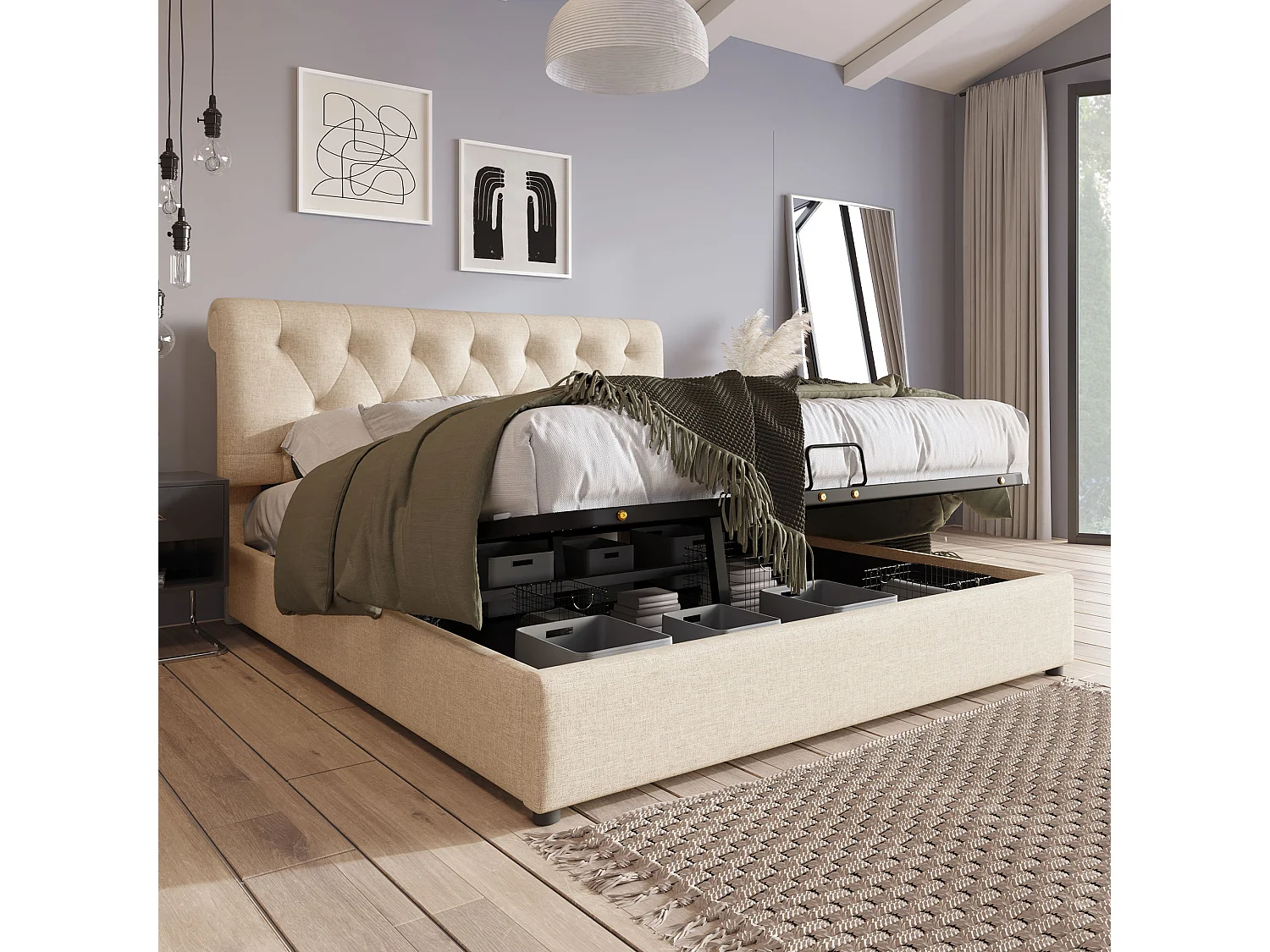 Hydraulisch Gepolsterd Bed Tweepersoons 140x200 Cm, Tête Réglable, Metaalframe Met Lattenbodem, Linnen Naturel, Opbergruimte, Met Matras