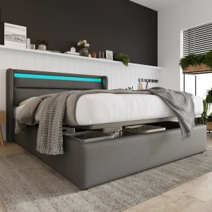 Hydraulisch Opbergbed Met LED, Gepolsterd Tweepersoonsbed 140×200 Cm, Bed Functioneel En Stof Grijs Met Matras Hydraulisch Opbergbed Met LED, Gepolsterd Tweepersoonsbed 140×200 Cm, Bed Functioneel En Stof Grijs Met Matras
