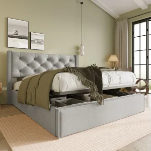 Hydraulisch Gepolsterd Bed Tweepersoons 160×200 Cm, Metaalframe Met Lattenbodem, Opbergruimte, Katoen Licht Grijs, Met Matras Hydraulisch Gepolsterd Bed Tweepersoons 160×200 Cm, Metaalframe Met Lattenbodem, Opbergruimte, Katoen Licht Grijs, Met Matras