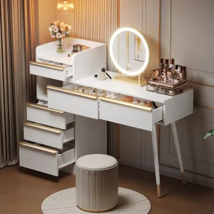 Kaptafel met 6 lades, LED-spiegel en gouden handgrepen – Wit 100×41,5×102 cm