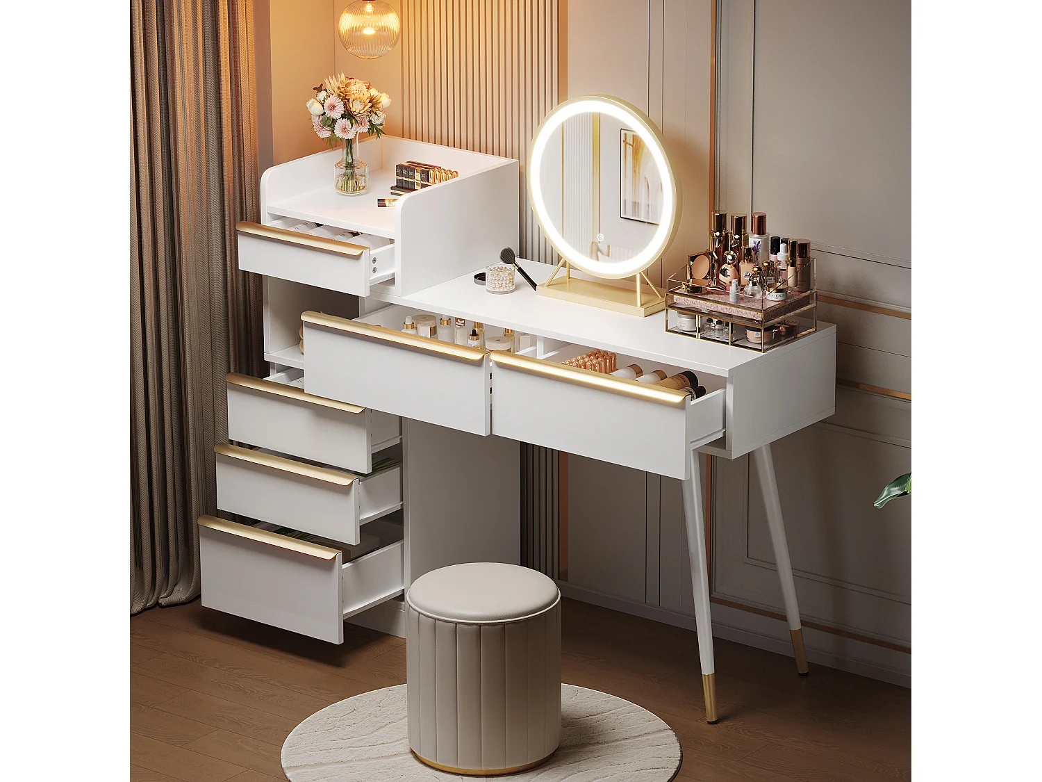 Kaptafel met 6 lades, LED-spiegel en gouden handgrepen - Wit 100x41,5x102 cm
