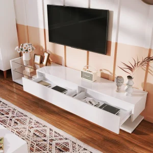 Hoogglans witte tv-standaard met ledverlichting, 2 lades en 2 glazen planken – PB hout Hoogglans witte tv-standaard met ledverlichting, 2 lades en 2 glazen planken – PB hout
