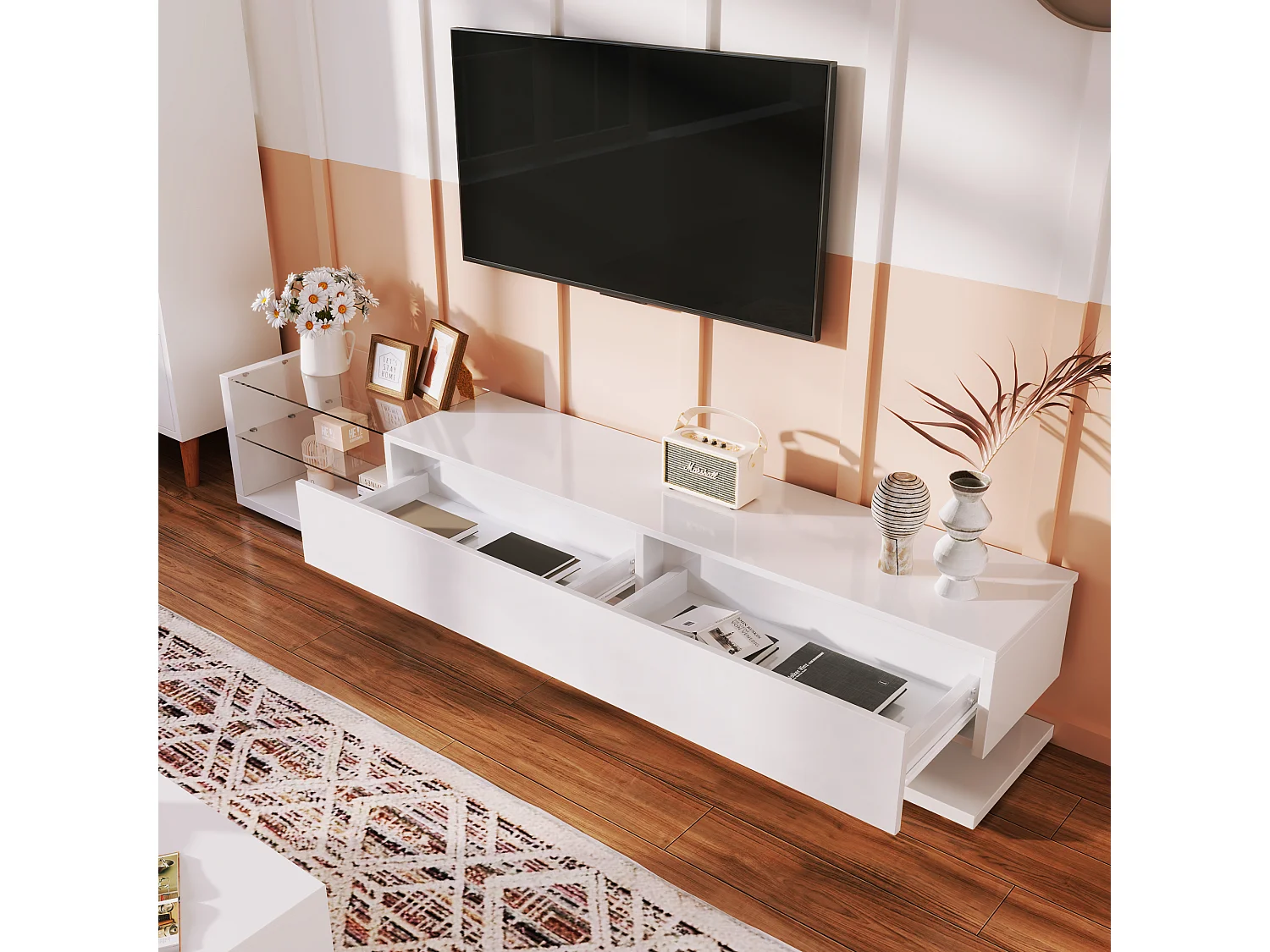 Hoogglans witte tv-standaard met ledverlichting, 2 lades en 2 glazen planken - PB hout
