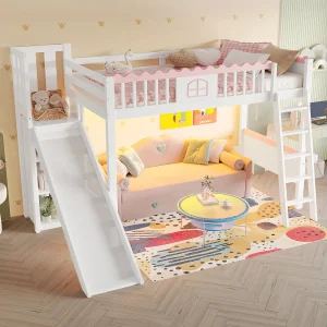 Hoogslaper van 90×200 cm met ledverlichting, glijbaan en planken – Grenen en MDF – Wit en roze Hoogslaper van 90×200 cm met ledverlichting, glijbaan en planken – Grenen en MDF – Wit en roze