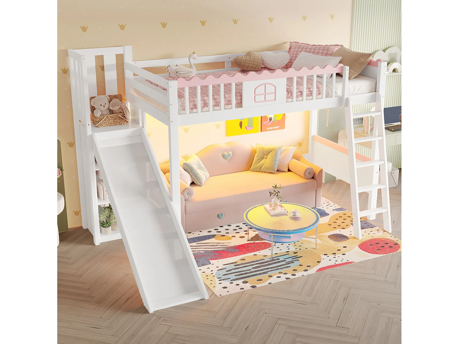Hoogslaper van 90x200 cm met ledverlichting, glijbaan en planken - Grenen en MDF - Wit en roze