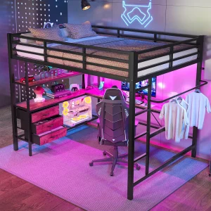 Hoogslaper van 140 x 200 cm met ledverlichting, bureau, stopcontact en 3 lades – Kinderbed van metaal en hout – Zwart Hoogslaper van 140 x 200 cm met ledverlichting, bureau, stopcontact en 3 lades – Kinderbed van metaal en hout – Zwart