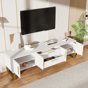 Hoogglans gelakt tv-meubel met 4 lades en 2 deuren – Deur met structuurafwerking – Wit en goud Hoogglans gelakt tv-meubel met 4 lades en 2 deuren – Deur met structuurafwerking – Wit en goud