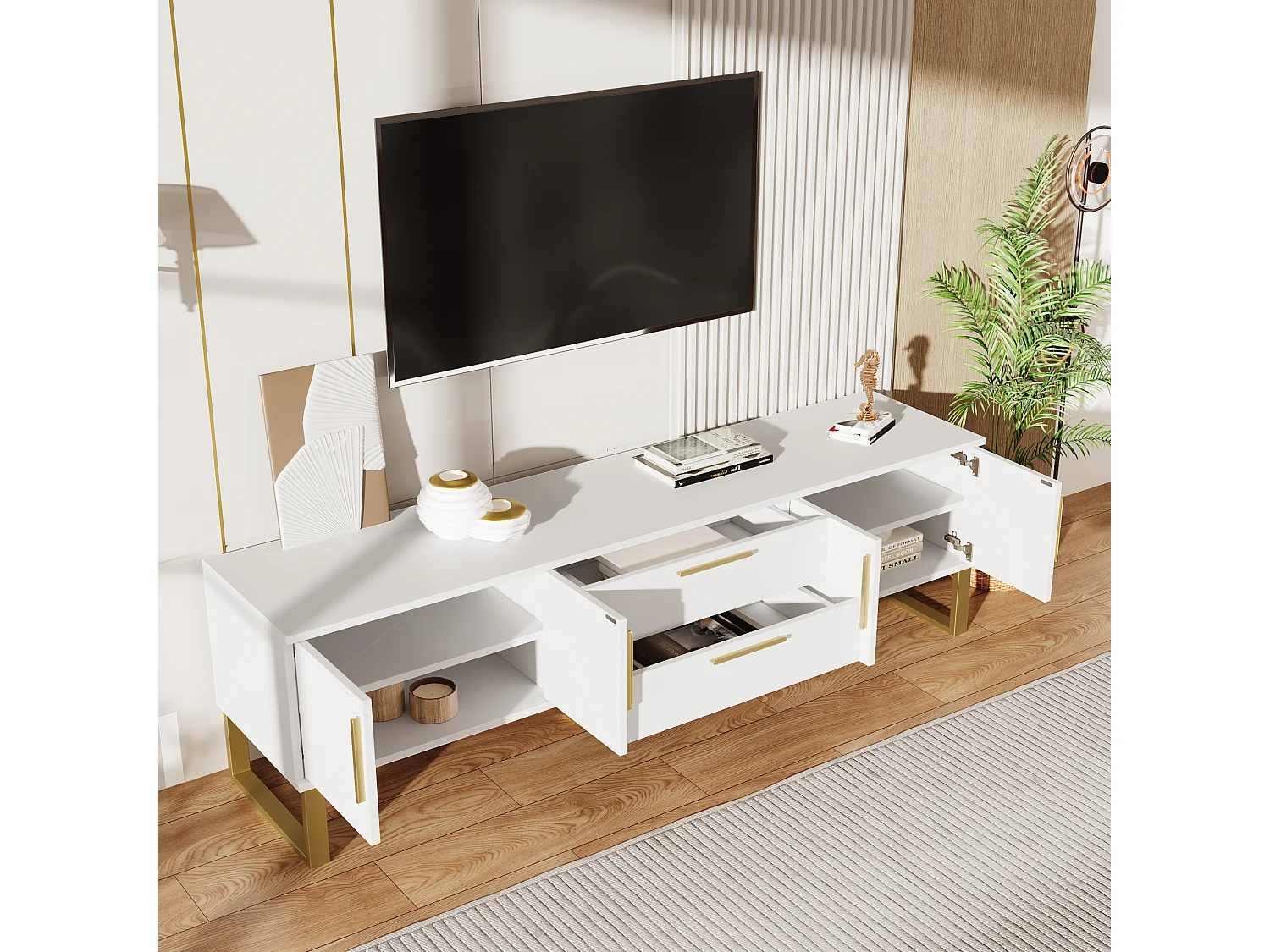 Hoogglans gelakt tv-meubel met 4 lades en 2 deuren - Deur met structuurafwerking - Wit en goud