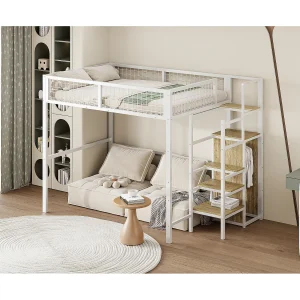 Hoogslaper 140 x 200 cm met plank en kledingkast – Kinderbed van metaal en hout – Wit en licht hout