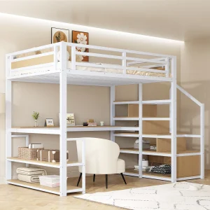 Hoogslaper van 140×200 cm met planken en bureau – Kinderbed van metaal en hout – Wit en licht naturel Hoogslaper van 140×200 cm met planken en bureau – Kinderbed van metaal en hout – Wit en licht naturel
