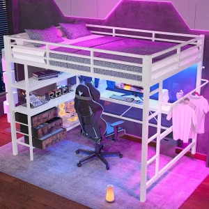 Hoogslaper van 140 x 200 cm met ledverlichting, bureau, stopcontact en 3 lades – Kinderbed van metaal en hout – Wit Hoogslaper van 140 x 200 cm met ledverlichting, bureau, stopcontact en 3 lades – Kinderbed van metaal en hout – Wit