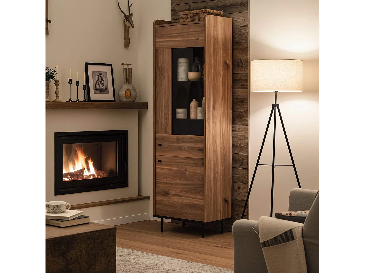Hoge vitrinekast Nero 60 cm - Brandy Castello en zwart metaal