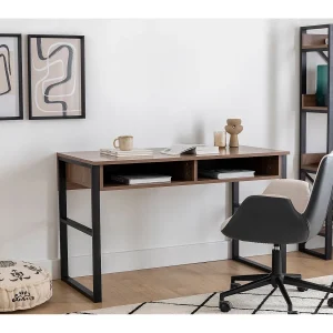 Houten bureau Nove 120x60x75 cm in walnoot met 2 planken, vast ontwerp en geïntegreerde opbergruimte Houten bureau Nove 120x60x75 cm in walnoot met 2 planken, vast ontwerp en geïntegreerde opbergruimte