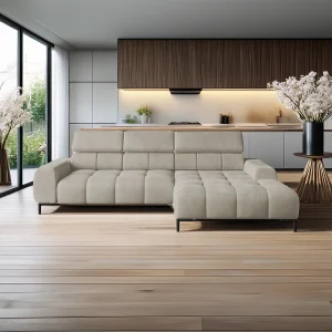 Hoeksalon PLAZA-MINI Stof SOLAR Longchair Rechts, Zachte Rugleuning, Industrieel Stijl, L-Vorm, 270x99x177cm, R-CREME