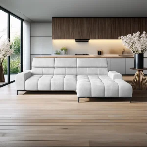 Hoeksalon PLAZA-MINI Stof SOLAR Longchair Rechts, Zachte Rugleuning, Industrieel Stijl, L-Vorm, 270x99x177cm, R-WIT