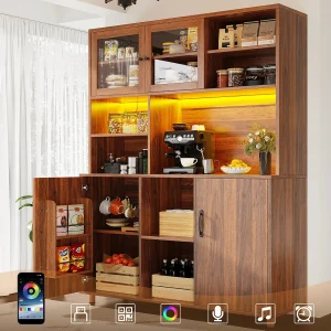 Hoge keukenkast voor woonkamer – 140 x 40 x 185 cm – met 4 deuren + LED – retrostijl – MDF + glas – natuurlijk