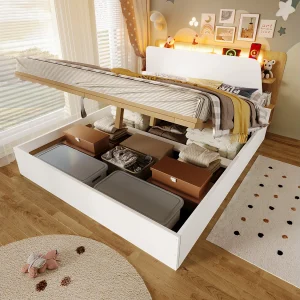 Hydraulisch opbergbed – 140 x 200 cm – met USB + LED's + hoofdbord met opbergruimte – hout – wit en naturel Hydraulisch opbergbed – 140 x 200 cm – met USB + LED's + hoofdbord met opbergruimte – hout – wit en naturel