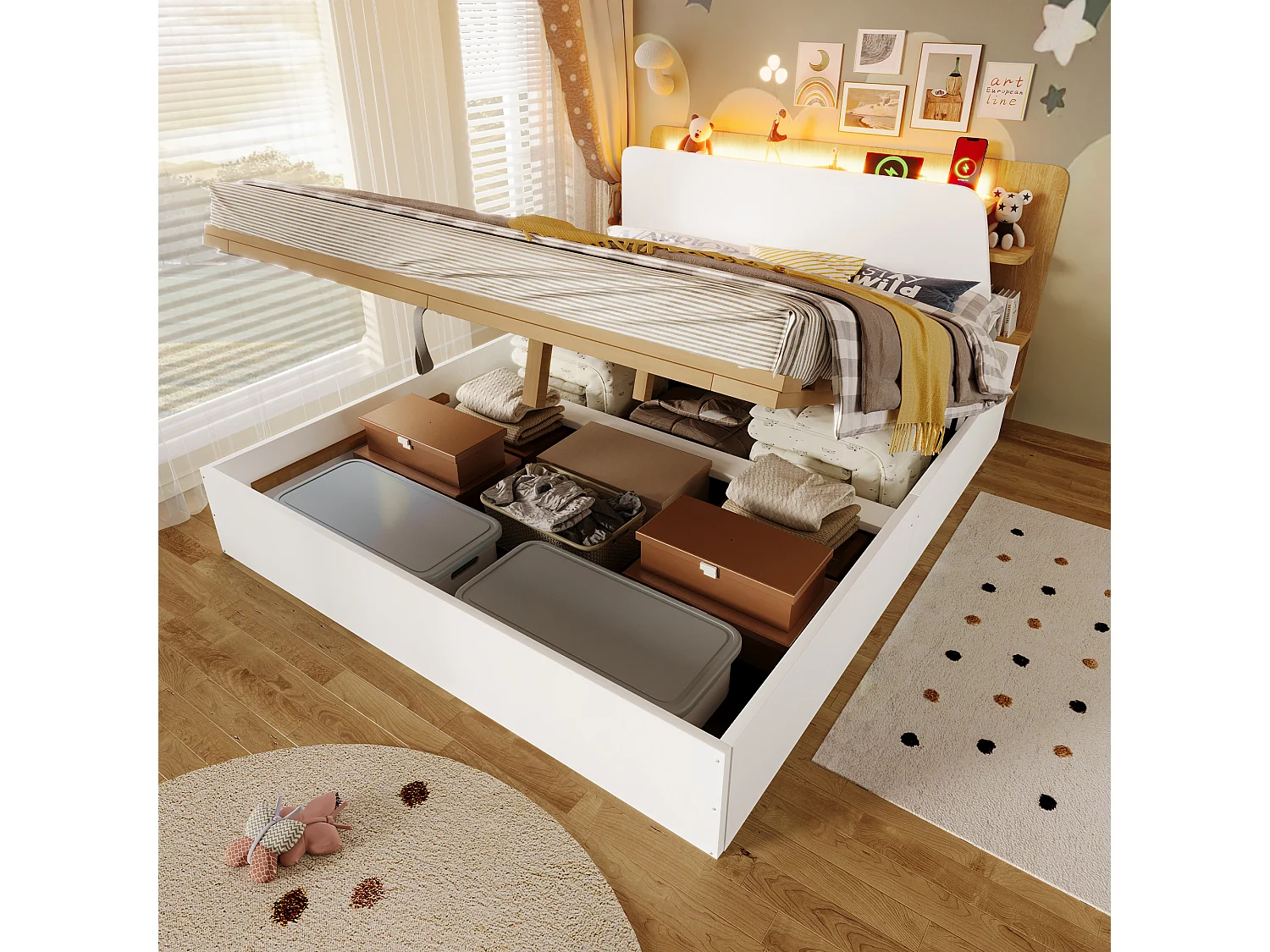 Hydraulisch opbergbed - 140 x 200 cm - met USB + LED's + hoofdbord met opbergruimte - hout - wit en naturel