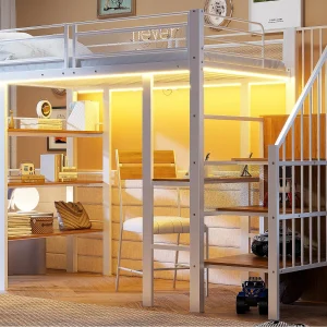 Hoogslaper 90×200 cm – met LED-verlichting en stopcontact – met opbergvakken – met plank – wit​ (matras niet inbegrepen)