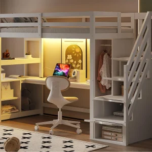 Hoogslaper 90×200 cm – met kast en bureau – trap met opbergruimte – met stopcontacten en LED – wit