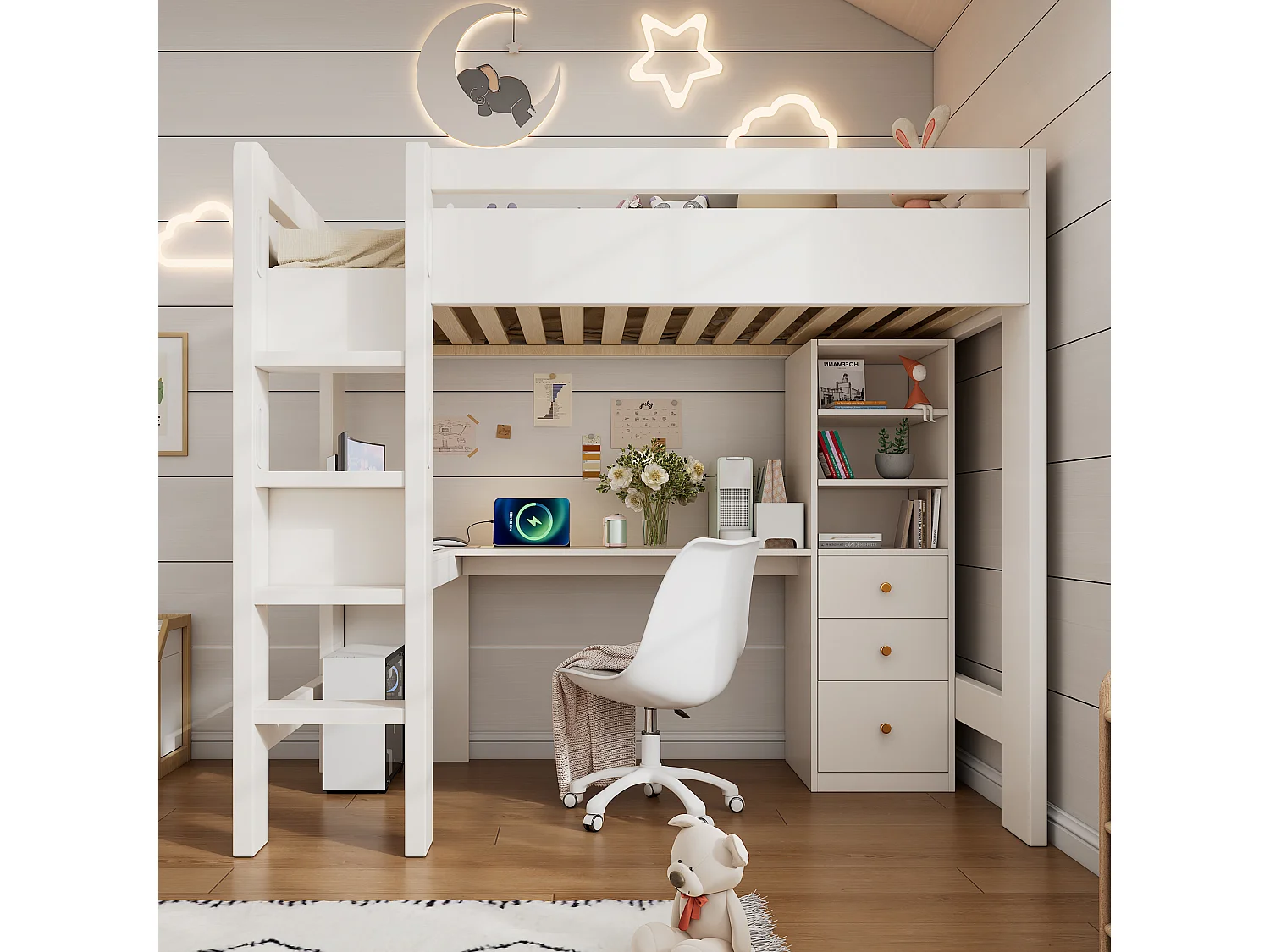 Hoogslaper van 90x200 cm met L-vormig bureau, 3 lades en USB/Type-C-poort - Wit