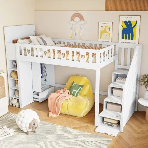 Hoogslaper 90 x 200 cm met kledingkast en opbergruimte – MDF en grenenhout – Wit