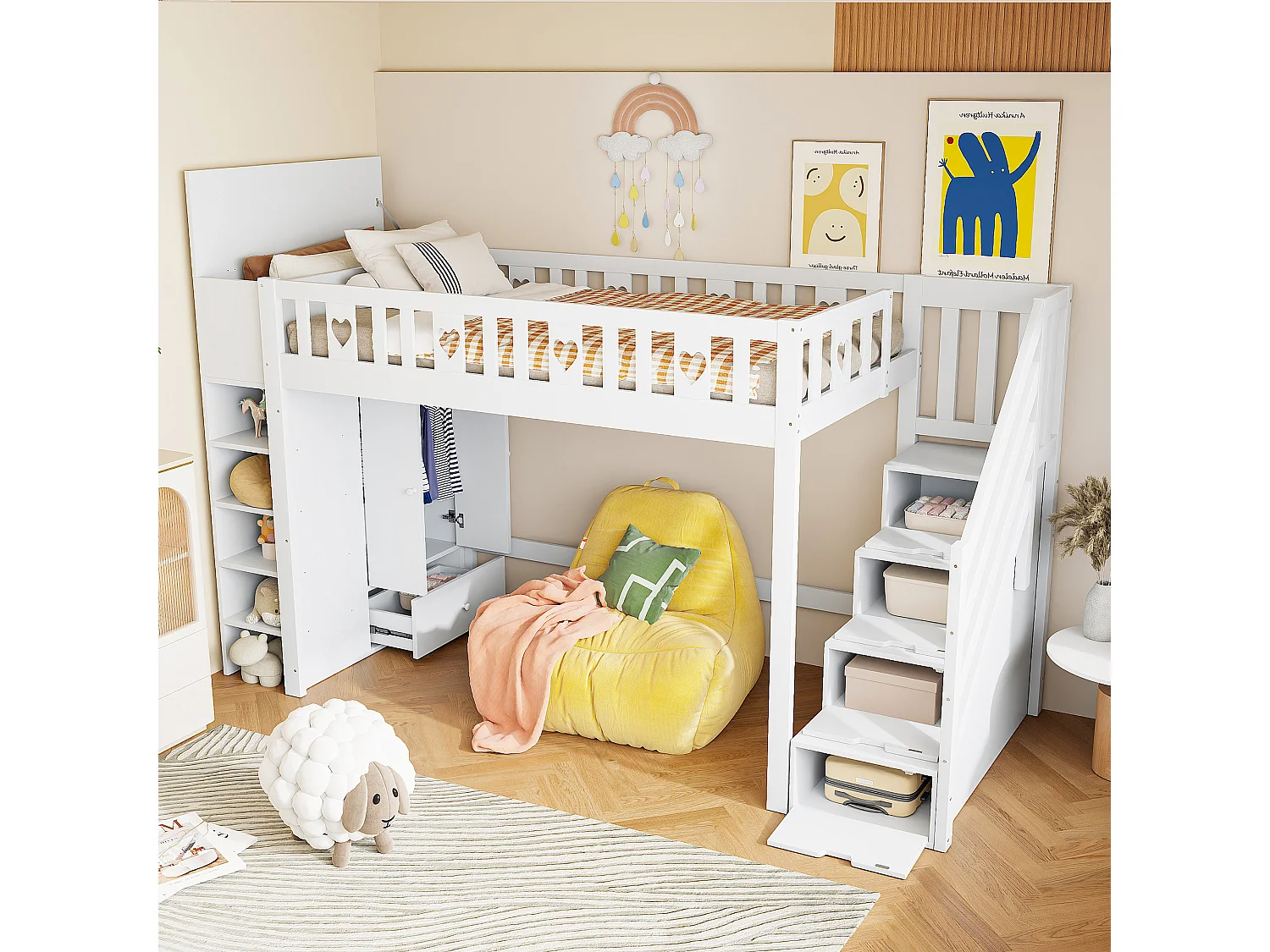 Hoogslaper 90 x 200 cm met kledingkast en opbergruimte - MDF en grenenhout - Wit