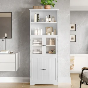 Hoge badkamerkast met 4 deuren – MDF-hout – Wit