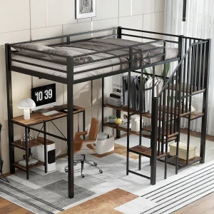 Hoogslaper van 120×200 cm met bureau, open kledingkast en plank – Metaal + MDF – Zwart en donker hout Hoogslaper van 120×200 cm met bureau, open kledingkast en plank – Metaal + MDF – Zwart en donker hout