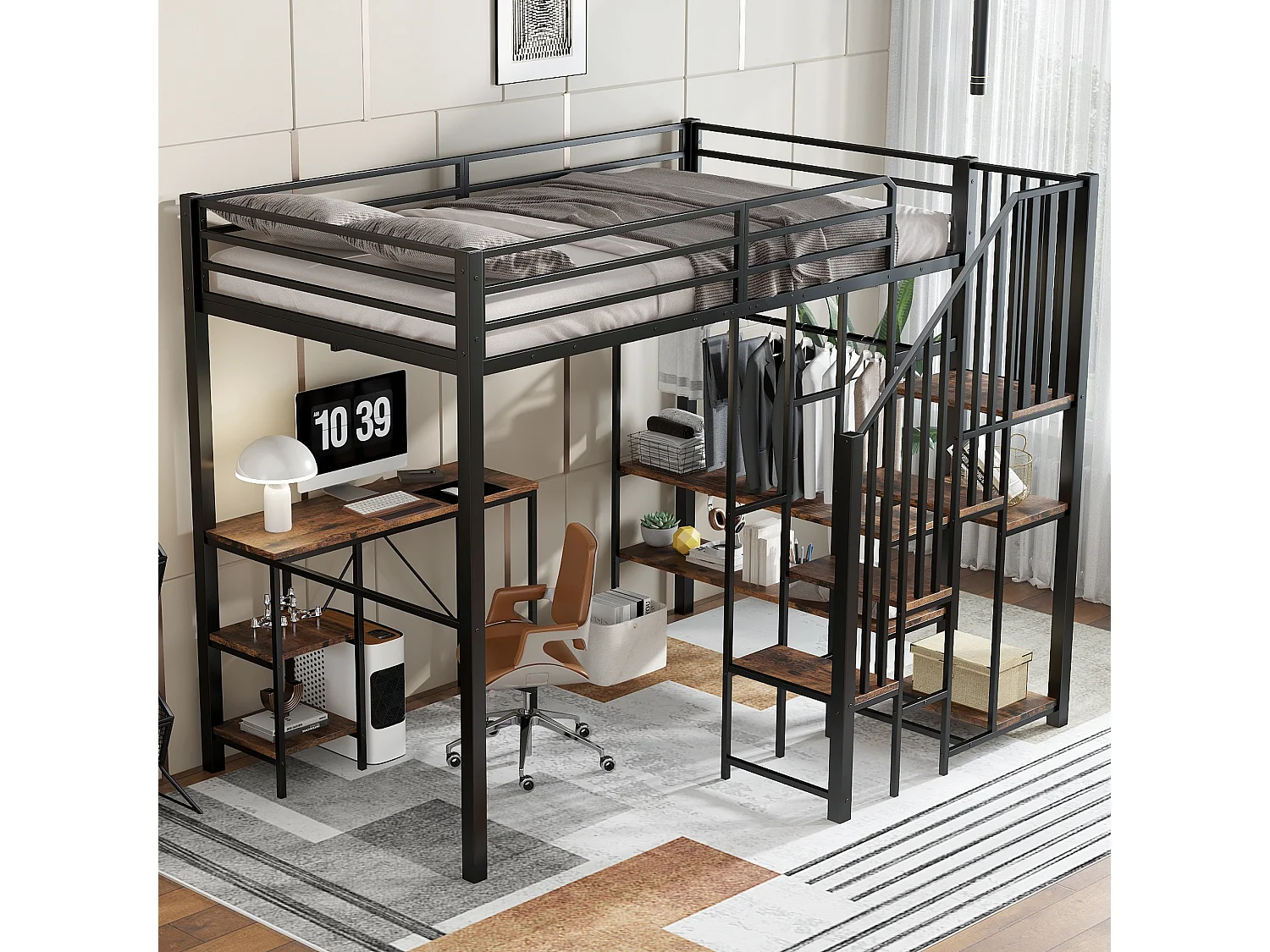Hoogslaper van 120x200 cm met bureau, open kledingkast en plank - Metaal + MDF - Zwart en donker hout