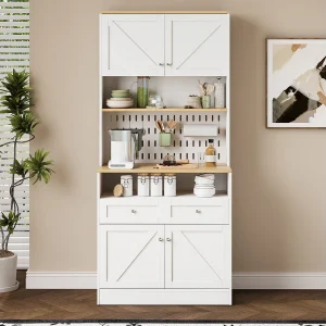 Hoog keukendressoir – 80 x 40 x 175 cm – met 2 lades + 4 deuren + plank – MDF + spaanplaat – wit Hoog keukendressoir – 80 x 40 x 175 cm – met 2 lades + 4 deuren + plank – MDF + spaanplaat – wit