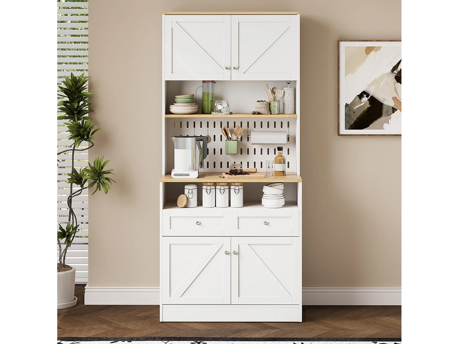 Hoog keukendressoir - 80 x 40 x 175 cm - met 2 lades + 4 deuren + plank - MDF + spaanplaat - wit