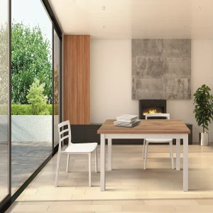 Houten tafel in eiken-effect, witte poten, 110x70cm-190x70cm verlengstuk – POSITANO Houten tafel in eiken-effect, witte poten, 110x70cm-190x70cm verlengstuk – POSITANO