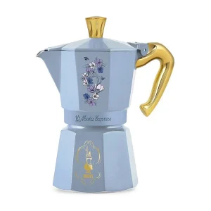 Italiaanse Bialetti Moka Express Birdgerton Koffiezetapparaat 6 Kopjes 250ml Blauw Bloemmotief met Gouden Handvat