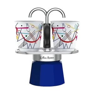 Italiaanse koffiezetter Mini-Express Kandinsky 100 ml roestvrij staal blauw met 2 bijpassende kopjes Bialetti Italiaanse koffiezetter Mini-Express Kandinsky 100 ml roestvrij staal blauw met 2 bijpassende kopjes Bialetti