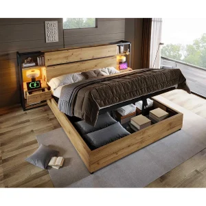 Houten tweepersoonsbed van 180×200 cm met opbergruimte – Volwassenenbed met 2 lades, USB- en Type-C-aansluiting – Licht naturel Houten tweepersoonsbed van 180×200 cm met opbergruimte – Volwassenenbed met 2 lades, USB- en Type-C-aansluiting – Licht naturel