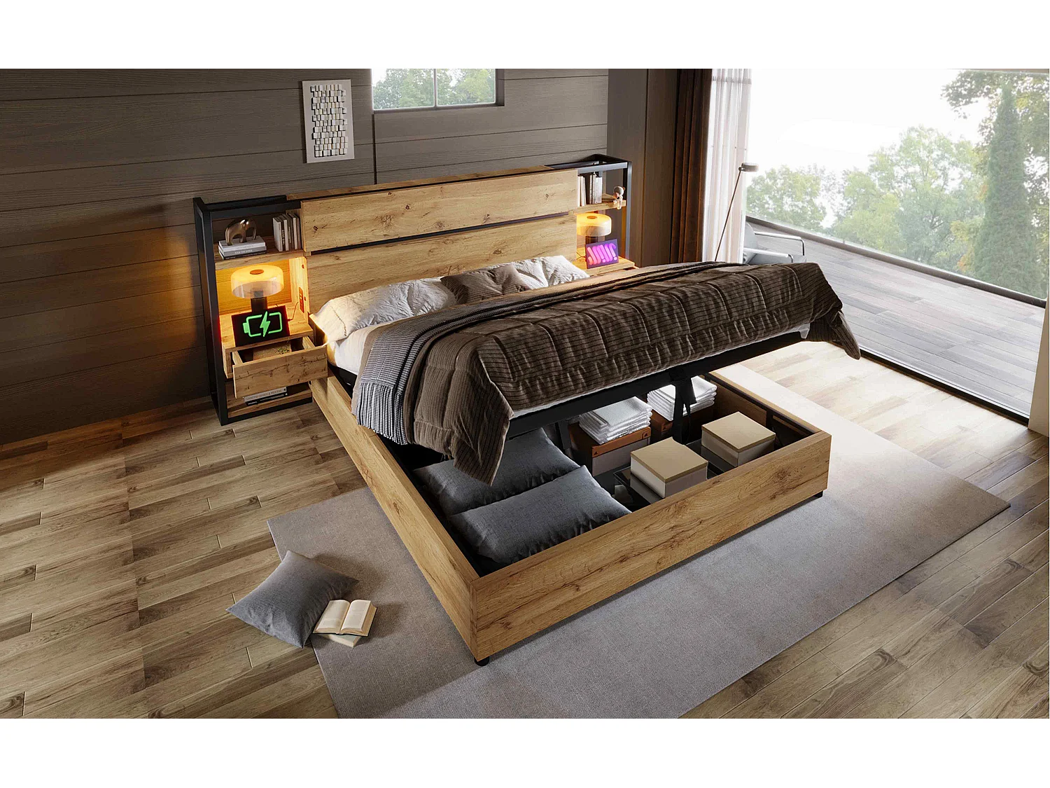 Houten tweepersoonsbed van 180x200 cm met opbergruimte - Volwassenenbed met 2 lades, USB- en Type-C-aansluiting - Licht naturel