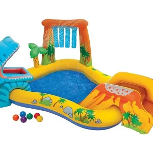 Intex Jurassic opblaasbare speelplaats met glijbaan, 310L zwembad, palmwaterstraal en 6 gekleurde ballen, vanaf 2 jaar Intex Jurassic opblaasbare speelplaats met glijbaan, 310L zwembad, palmwaterstraal en 6 gekleurde ballen, vanaf 2 jaar